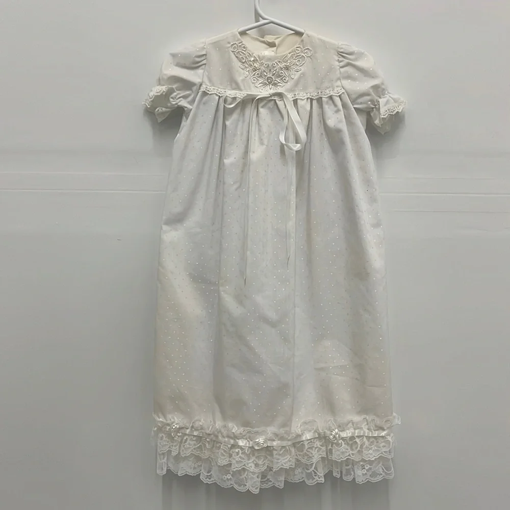 Vintage Baptism Christening Dress 3 Months 3-Piece Cape Bonnet White Lace Trim - Picture 2 of 12